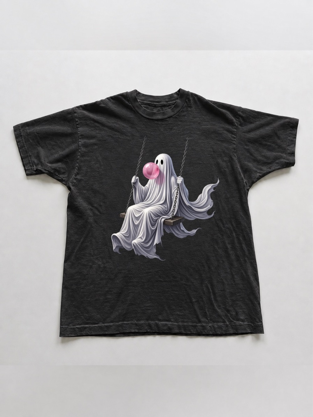 Black Graphic Tee with Ghost on Swing